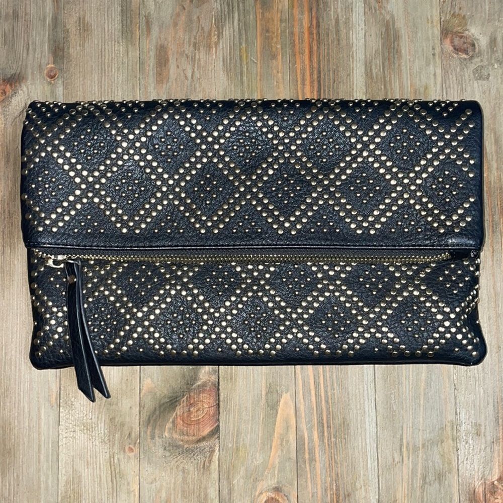Madison West Gold Rivets & Black Leather Clutch Studded Large Wristlet